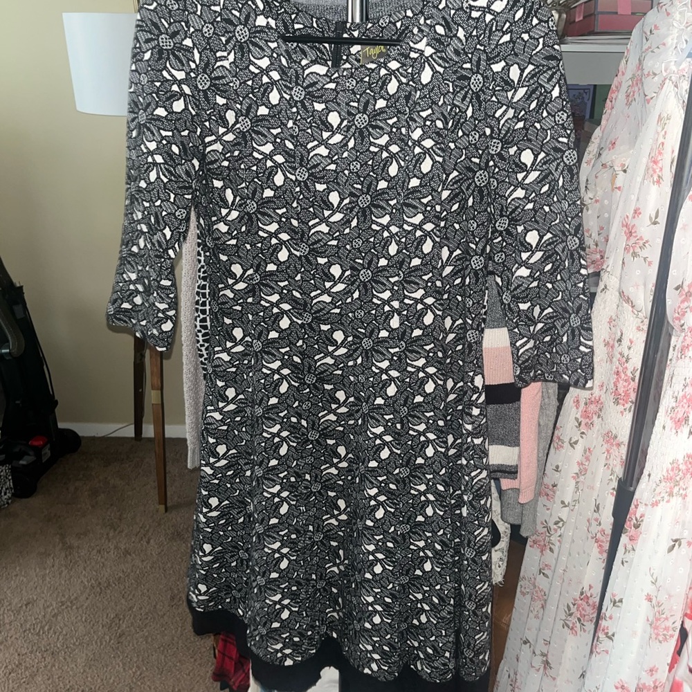 Taylor Black and White Lace Pattern Dress